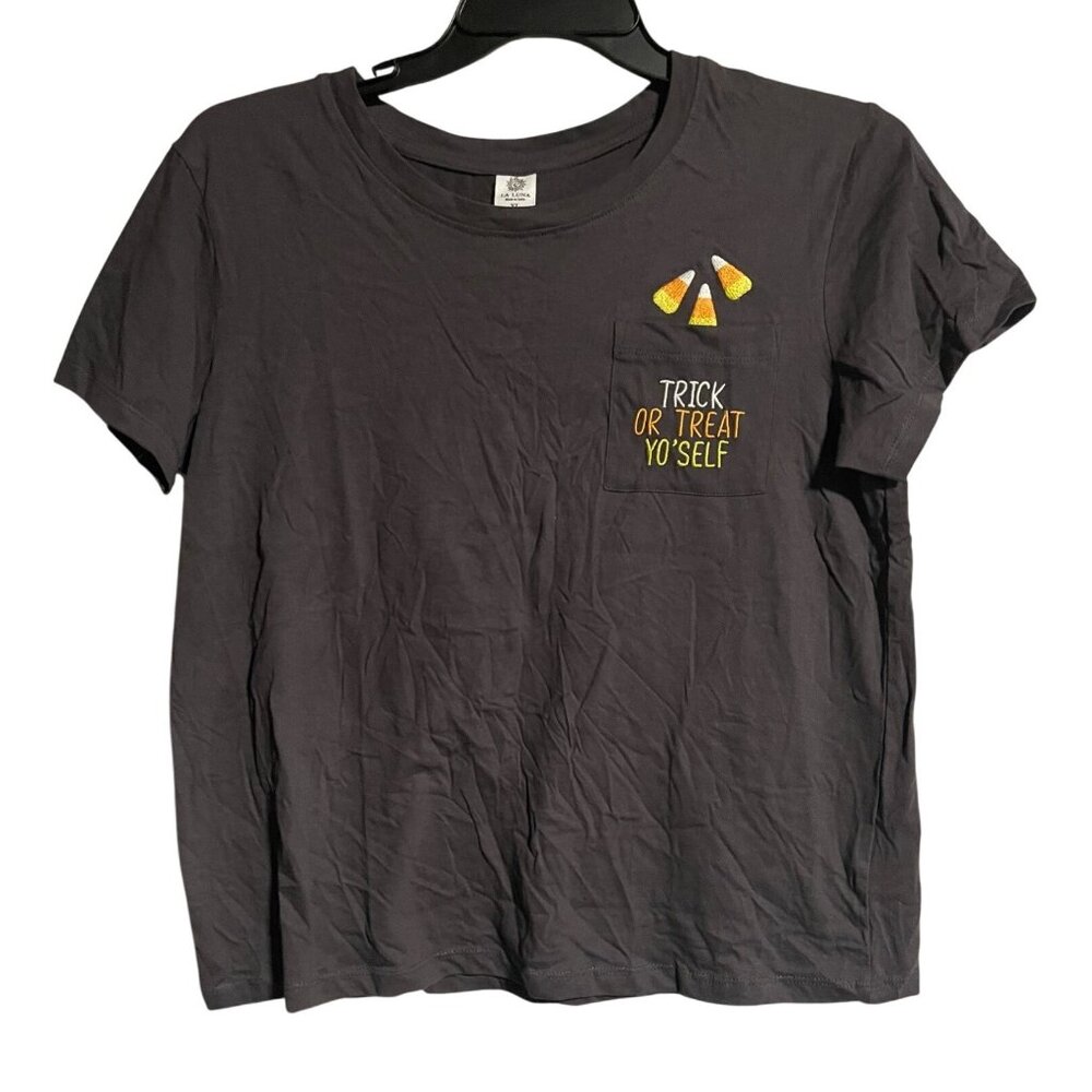 Halloween Graphic Cropped Tee Trick Or Treat YoSelf Candy Corn  Women XL La Luna